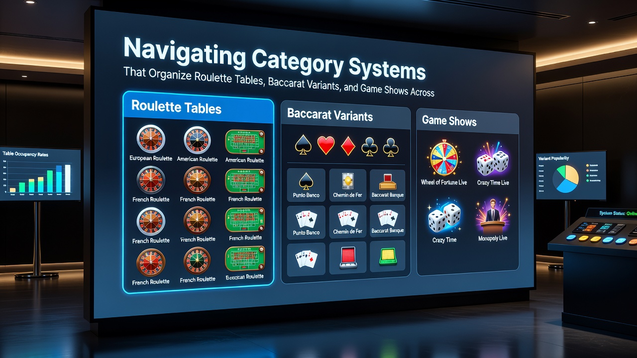 Detailed view of baccarat and game show categorization filters within a live casino platform interface